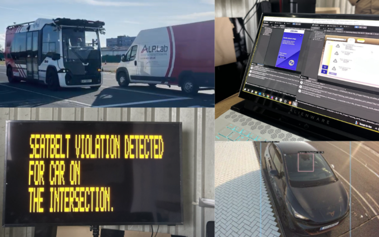 Collage: the Torus bus and a van at the intersection, the detection software and a variable message sign reading “Seatbelt violation detected for car on the intersection”