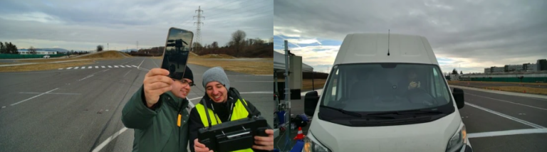 A drone pilot in a high-visibility vest holding a drone at the Graz test track, next to a test van