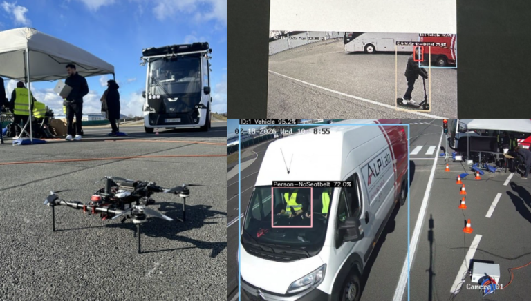 Collage: a drone at the test site, an e-scooter scenario and a van with an AI detection box on screen