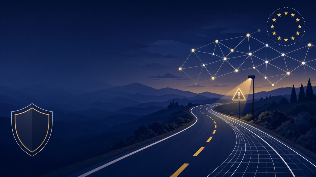 Road at dusk with AI network, digital twin and safety warning sign